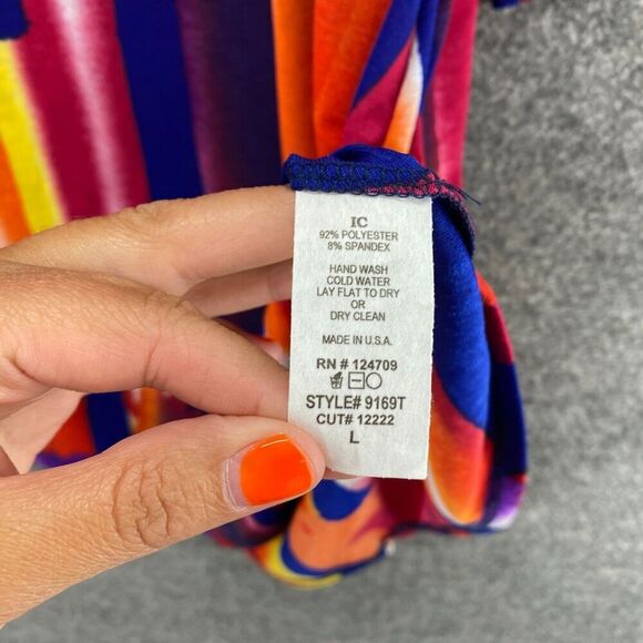 New IC Blouse Women L Large Blue Geometric Cold Shoulder 3/4 Sleeve Round Neck - Picture 7 of 10